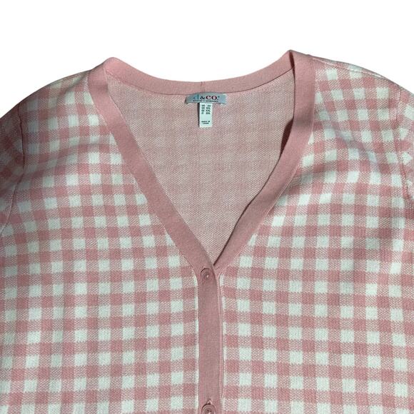 Denim & Co Pink White Jacquard Gingham Check V Neck Cardigan Sweater Womens 2X - Picture 2 of 7